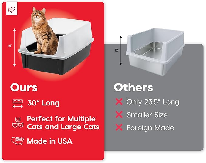 IRIS USA XX-Large Cat Litter Box, Open Top Extra Large Litter Box for Big Cats and Multi-Cat Households, High Sided Scatter Shield, Easy to Clean, 30"L x 20"W x 14"H, Black