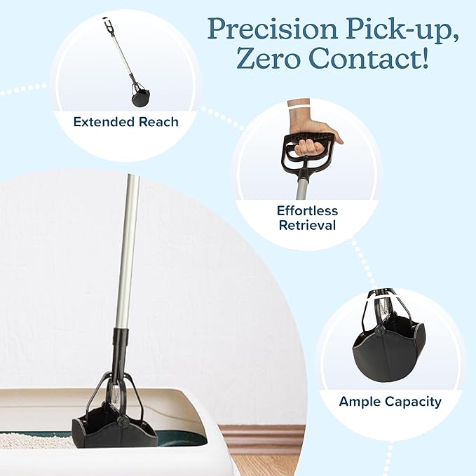 Long‑Handle Pet Pooper Scooper for Dogs & Cats - One‑Hand Gripper Waste Picker Outdoor & Indoor Poop Scoop with Serrated Jaws - Aluminum & Plastic Sanitary Pet Waste Cleanup Tool by PETMAKER (Black)