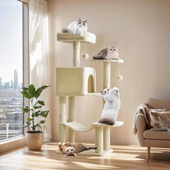 Cat Tree Tower 44 Inch, Small Cat Tower with Condo, Hammock, Sisal Scratching Posts, Extended Perch, Pet Play House for Indoor Kittens and Cats, Beige