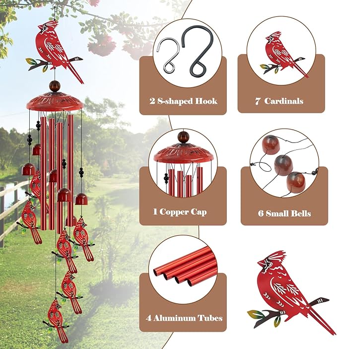 for Women Cardinal Wind Chimes for Outside, 35'' Metal Cardinal WindChimes Gifts for Women/Men, Decoration for Outdoor, Home, Garden, Patio, Backyard