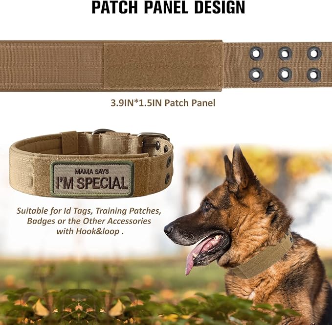 Tactical Dog Collar Military Adjustable Dog Collars Soft Nylon Training Collar with Patch Heavy Duty Metal Buckle Collars for Medium Large Dogs (Brown, L)