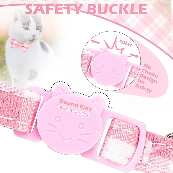 EXPAWLORER Cute Cat Collar Breakaway with Bells - 2 Pack Adjustable Plaid Pet Collar with Removable Bow Tie and Bandana, Safety Buckle for Girl Boy Cats Kitten, Pink Plaid
