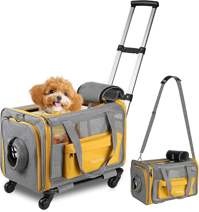 Pawinner Pet Carrier with Wheels, 17.7" x 13" x 13" Airline Approved Cat Carrier, Newly Designed Rolling Travel Bag with Telescopic Handle, for Small Dogs and All-Breed Cats