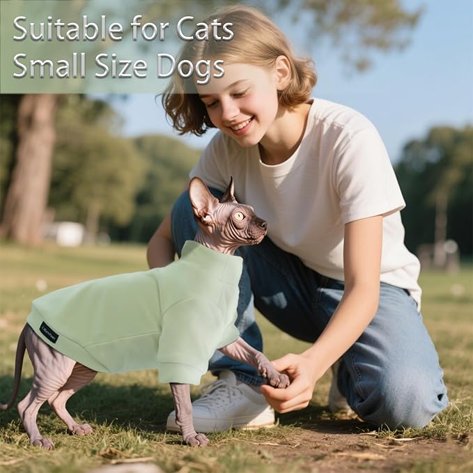 Fleece Sphynx Cat Clothes Soft Hairless Cat Clothes Pullover Cat Sweater for Chihuahua All Season Light and Warm Kitten Cloth for Cats Only Puppy Clothes Small Dog Sweater (Pale Green, Medium)