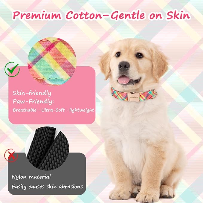 Cotton Dog Collar, Soft Adjustable Dog Collars for Medium Dogs, Multi-Color Plaid Dog Collar for Small Medium Large Dogs, Cute Dog Collars Perfect for Girl or Boy Dog Collars-M