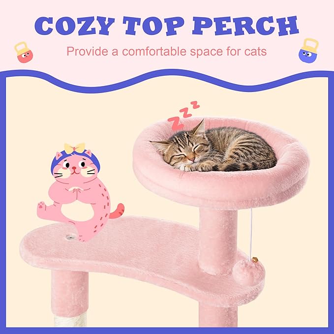 Allewie 55.5 in Cat Tree for Indoor Kitties/Soft Plush Perches/Multi-Level Cat Tower/Sisal Scratching Posts/Crescent Plates/Round Jumping Board/Hanging Ball/Pet Activity Center/Pink