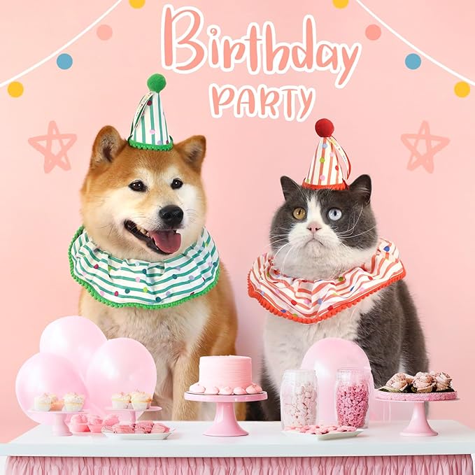 Cat Dog Birthday Bandana Scarf and Party Hat Cute Polka dot and Stripe Bib Scarf and Birthday Hat Cat Puppy Birthday Party Decorations Set