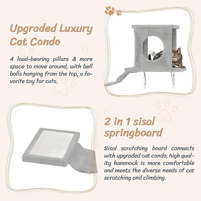 7-in-1 Cat Wall Shelves, Wall Mounted Cat Climber Set, Cat Furniture with House, Tunnel, Bridge, Steps, Scratcher, Hammock, Shelves for Indoor, Gray