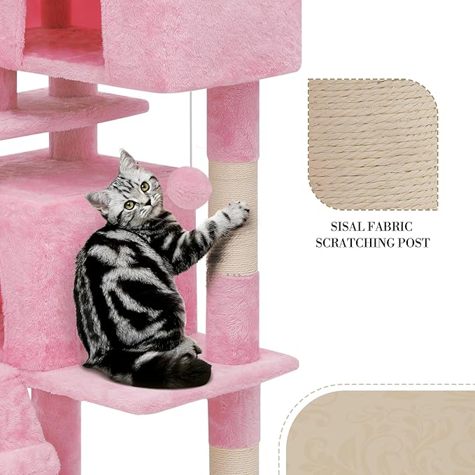 Athena Collection 70 Inch Cat Tree for Indoor Cats, Multi-Level Activity Center with 2 Condos, Scratching Post & Dangling Ball, Tall Climbing Tower, Pink