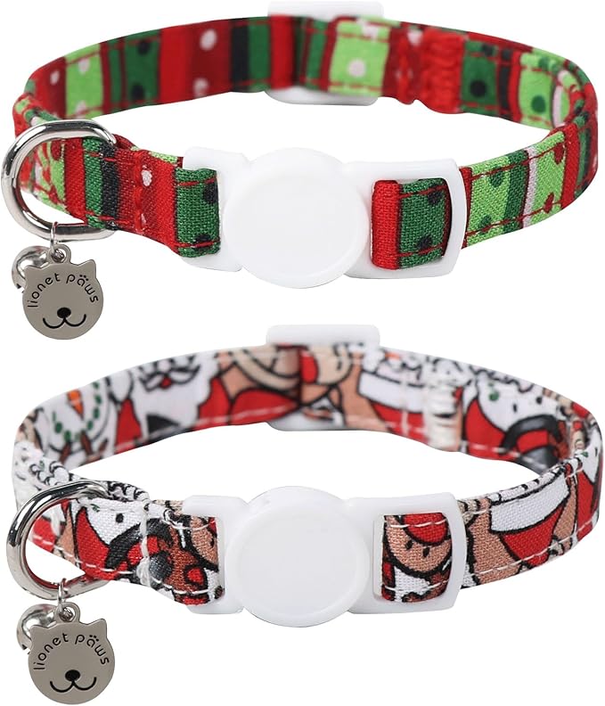 Lionet Paws 2pcs Pack Cotton Cat Collar,Breakaway Buckle Christmas Cat Colar with Santa,Red Green Dot Cute Adjustable Cat Kitten Collar,Ideal for Boy Cats