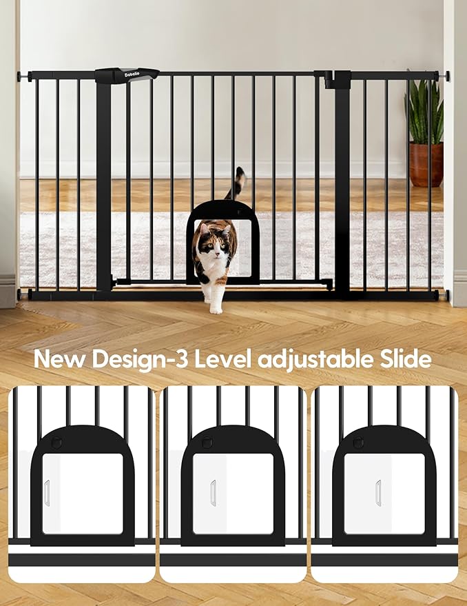 Babelio 36.5-57" Extra Wide Baby Gate with Cat Door, CatPrivilege Ⅲ, Auto Close & Two Way Swing, Pressure Mounted Dog Gates for Stairs, Doorways, Includes 4 Wall Cups and 3 Extension Pieces, Black