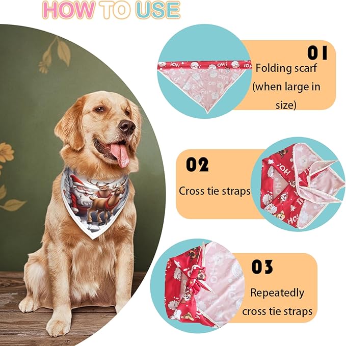 Christmas Dog Bandanas,Reflective Dog Bandana for Night Safety,Adjustable Santa Claus Dog Scarf Triangle Boy and Girl Pet Scarves for Medium Dogs,White,M