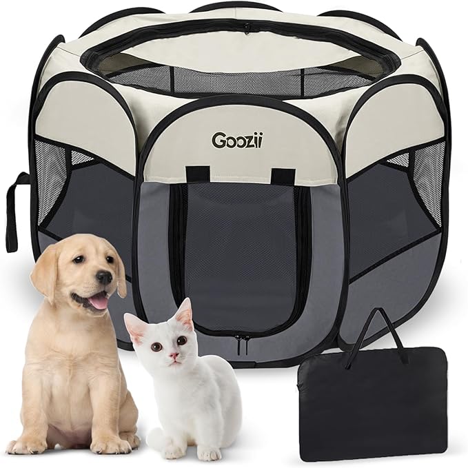 Pet Cat Playpen for Indoor Cats Enclosed, Puppy Dog Play Pen for Outdoor Travel Camping (Small Size, Beige & Dark Grey)