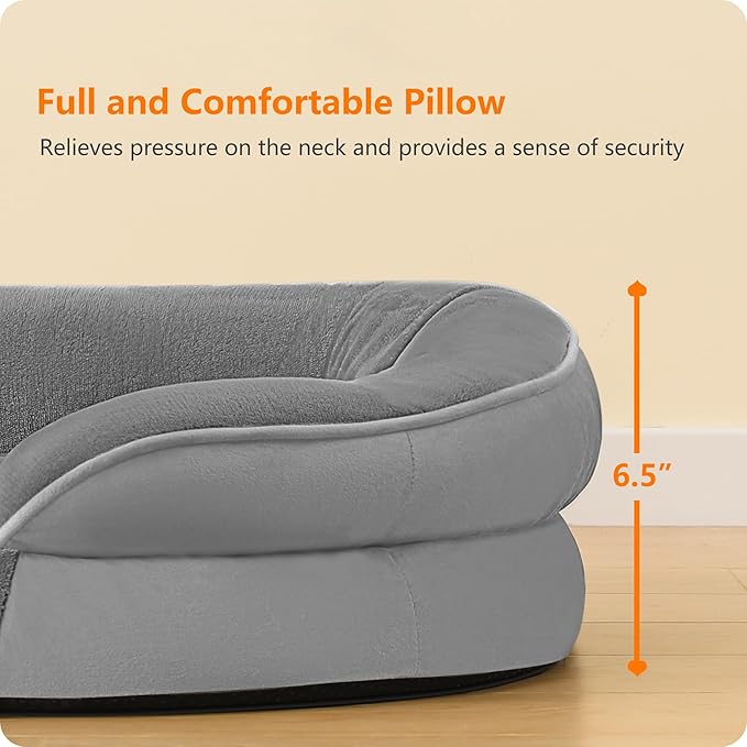 Dwanton Orthopedic Dog Bed for Large Dogs with Gel Memory Foam, Waterproof Dog Sofa, Washable Pet Bed with Four Sided Bolster Cushion, Removable Cover & Non-Slip Bottom, 42", Medium Gray