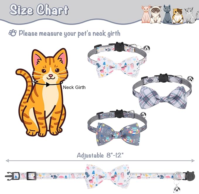 Breakaway Cat Collar with Removable Bow Tie and Bell, Cute Multi-Style Patterns, 3 Pack Safety Buckle Kitten Collars, Adjustable Pet Collar for Boy Cats Puppy (Gray)