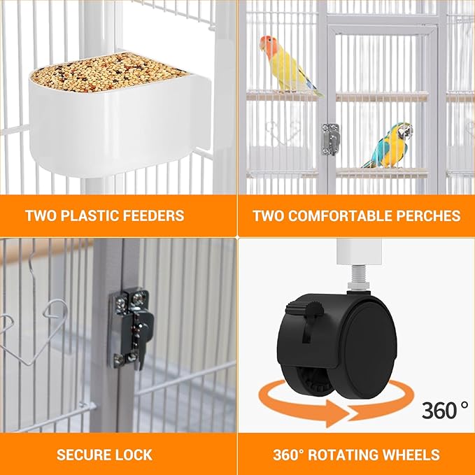 52'' Wrought Iron Birdcage with Detachable Rolling Stand & Feeder, Large Bird Cage with Secure Lock & Slide-Out Tray, Indoor Outdoor Bird Cage on Wheels,Parrot Cages for Parakeets, Pigeons, White