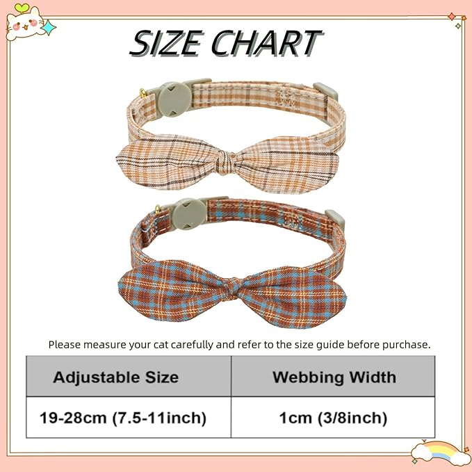 Cotton Bowtie Cat Collar with Bell 2 Pack Plaid Breakaway Kitten Collars with Removeable Bunny Ear Bow(Amber+Beige)