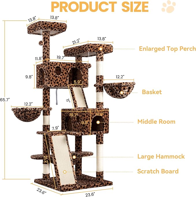 WEEWAY Cat Tree Tower for Indoor Cats,65'' Multi-Level Cat Furniture Activity Center,Stand House Condo Cave,Sisal Scratching Posts Ramps,Plush Perches Platforms Basket Hammock, Leopard Print