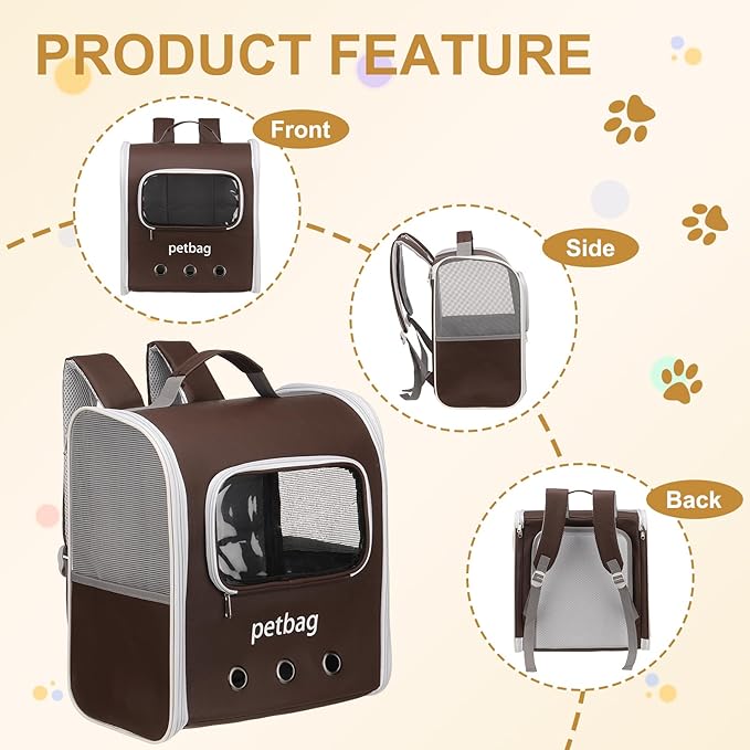 Pet Backpack Carrier, Portable and Ventilated, Oxford Cloth, Dogs Cats and Small Animals Travel Bag 14.17", (Brown, 1 Pcs), Intended for Hiking/Camping/Traveling