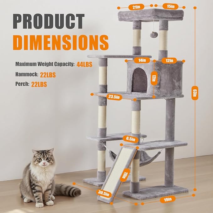 Large Cat Tree 63 Inch, Multi-Level Tall Cat Tree Tower with Condo, Perch, Sisal Scratching Posts Board and Hammock, Pet Play House with Dangling Balls for Indoor Cats, Light Grey