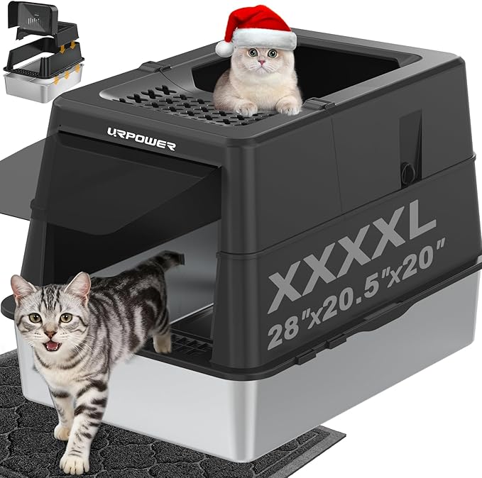 XXXXL Stainless Steel Cat Litter Box with Lid 110° Flip-Top Extra Large Enclosed Litter Box Non-Sticky Metal Pan with High Sided & Scoop, Front & Top Entry, Anti-Leakage, Easy Cleaning, 28"x20.5"x20"