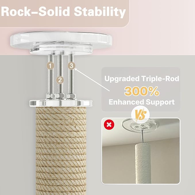 Floor to Ceiling Cat Tree, Acrylic Top Support PlateTall Cat Tower Natural Sisal Rope Scratching Post, Adjustable Height 55-103 Inches, Multi-Platform Activity Center