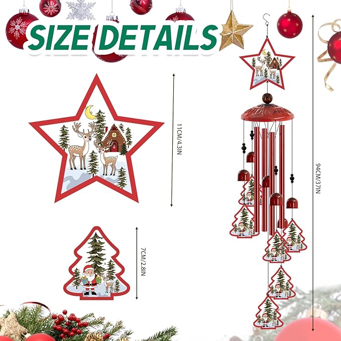 Christmas Wind Chimes for Outside, 35'' Metal Christmas WindChimes Gifts for Women/Men, Decoration for Outdoor, Home, Garden, Patio, Backyard