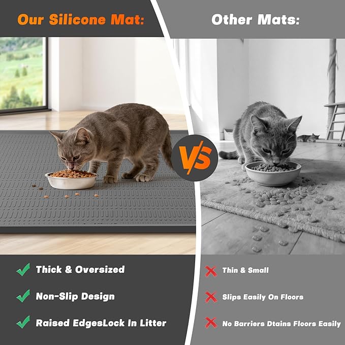 47" x 35" Silicone Cat Food Mat, Waterproof Pet Feeding Mat with Raised Edge, Extra Large Cat Bowl Mat Water Bowl Placemats for Cats, Non-Slip, Protects Floors, Easy to Clean (Dark Gray)