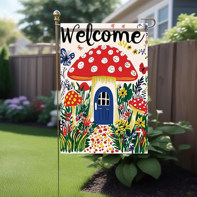 Mushroom House Garden Flag 12x18 Inch Welcome Yard Banner Whimsical Fairy Tale Style Double Sided Outdoor Decoration for Porch Lawn Patio Spring Summer Seasonal Garden Decor