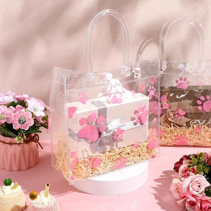 Teling 20 Packs Dog Paw Clear PVC Gift Bags with Handle Reusable Plastic Wrap Tote Bags Transparent for Puppy Pet Treat Party Favor Birthday Wedding Party, 8 x 8 x 3.15 Inch(Pink)