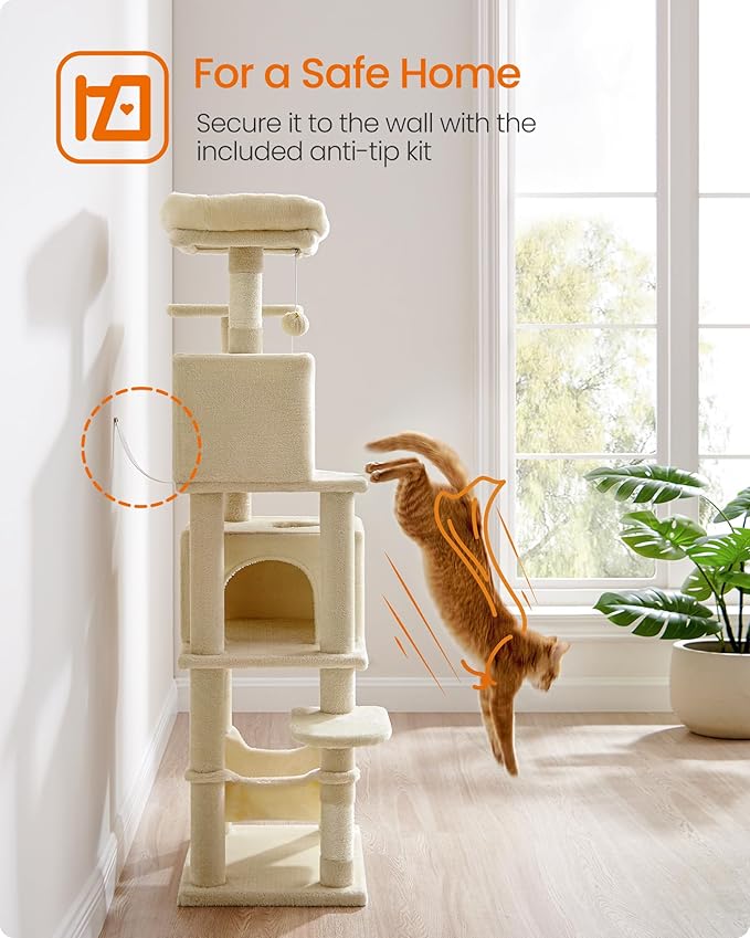 Feandrea Cat Tree, 59.5-Inch Tall Cat Tower, Plush Multi-Level Condo with 5 Scratching Posts, 2 Perches, 2 Caves, Hammock, 2 Pompoms, Beige UPCT192M01