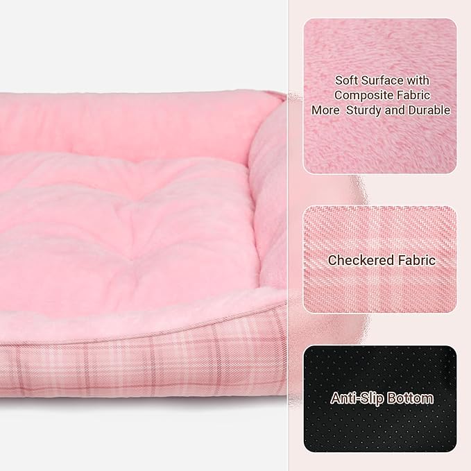 MIHIKK Rectangle Dog Beds for Large Dogs & Cats, Orthopedic Sleeping Pet Bed for Couch with Durable Puppy Cuddler and Anti-Slip Bottom Machine Washable 34 * 24 Inch (Pink)