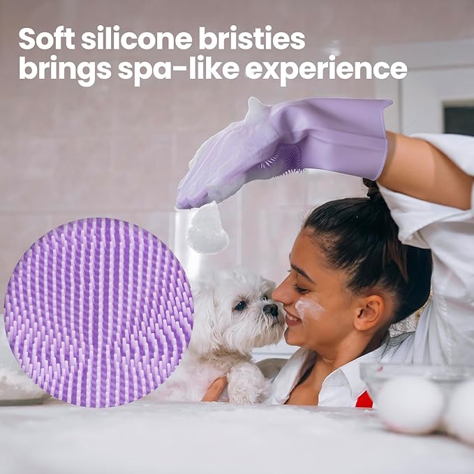DELOMO Pet Grooming Gloves 1 Pair: Soft and Gentle Silicone Dog Washing Gloves - Bathing Scrubber Brush Mitt Grooming Shedding Fur Removal Massage for Dogs/Cats/Horse, Purple