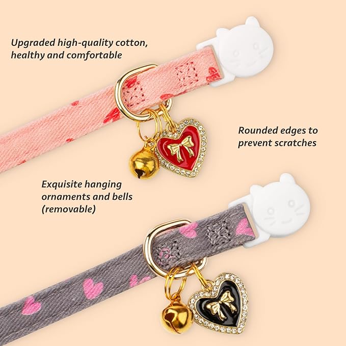 2 Pack Cotton Breakaway Cat Collar Pink and Gray Heart Shaped Pendant Cute Kitten Cat Collar with Bell