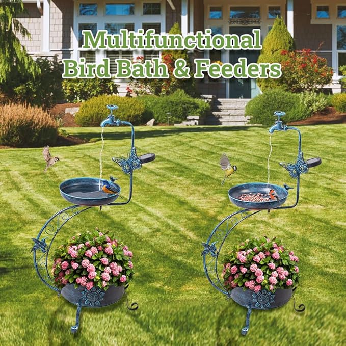 VEWOGARDEN Vintage Solar Bird Bath for Outside Garden with Planter, Outdoor Metal Standing Birdbath for Garden Yard Patio Decoration, Blue