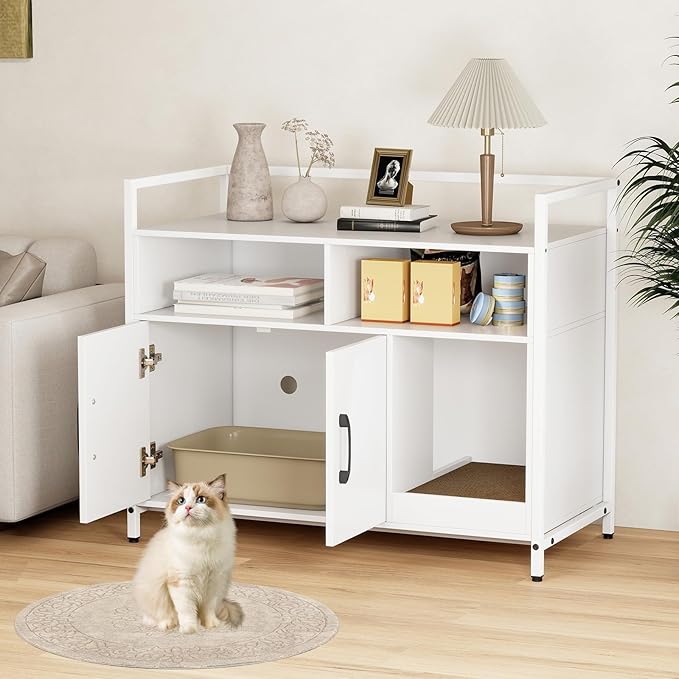 Giantex Cat Litter Box Enclosure - Cat Washroom Hidden Furniture with Front Entry, Scratcher, 2-Door Storage Cabinet, 2 Compartments, Air Vents, Metal Frame, Wooden Pet Crate House (White)