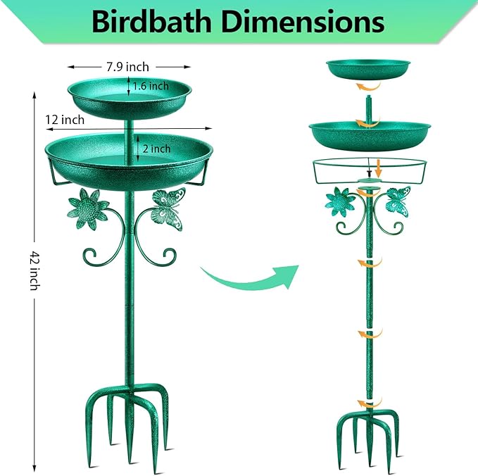 Daoeny Bird Bath for Outside, 42In Vintage Freestanding Birdbaths for Outdoors, Double Metal Bird Bath Feeder Bowls for Garden Patio Yard Lawn Decor, Upgraded 5-Pronged Base (Green)
