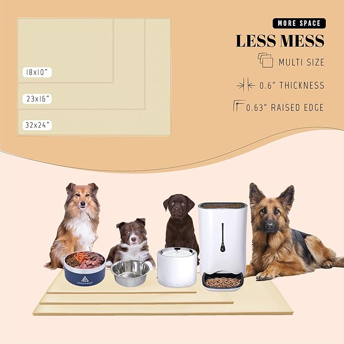AVERYDAY 100% Waterproof Thicker Silicone Dog Food Mat, 0.63'' Raised Edge Bowl Mat for Food & Water, Non Slip Pet Feeding Placemat for Messy Drinkers, Perfect for Large Medium Small Breeds, 32"x24"