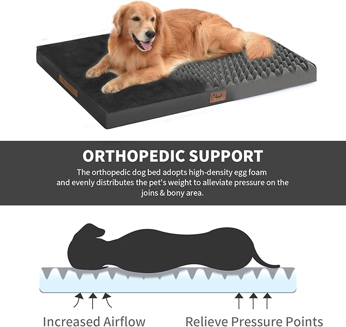 Plush Orthopedic Dog Bed for Medium Dogs & Puppies, Waterproof Dog Beds 29x18 Inch with Removable Washable Cover, Egg Crate Foam Flat Pet Mat, Black