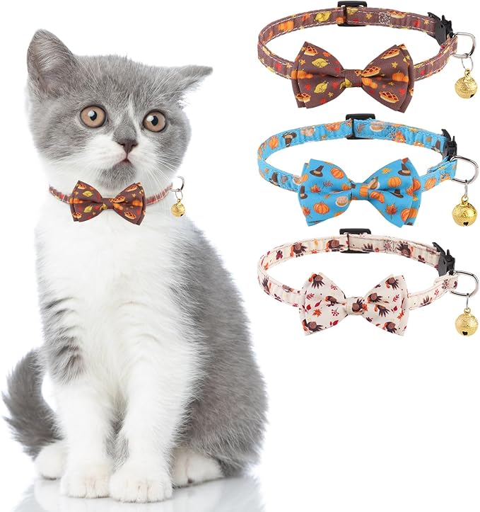 KOOLTAIL Cat Collar with Bow Tie and Bell - 3 Pack Cute Cat Collars Breakaway with Food Pattern, Cute Adjustable Kitten Collar with Safety Buckle for Girls Boys Kitty