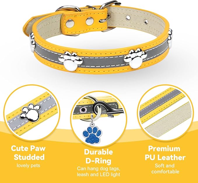 PETCARE Reflective Dog Collar with Cute Paw Rivet Studded Funny Soft PU Leather Adjustable Puppy Dog Collars for Small Medium Large Dogs Cats (Yellow,XX-Large)