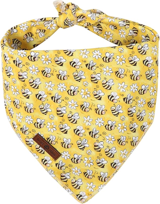 Lionet Paws Spring Summer Bee Dog Bandana Washable Cotton Handkerchief Scarf Triangle Yellow Bandana for Small Medium Large Dogs Girl Boy