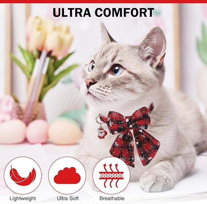 Christmas Cat Collar with Bells & Cute Pendant - Breakaway with Removable Bow Tie for Girl Boy Cats, 2 Pack Holiday Kitten Collar Safety Adjustable