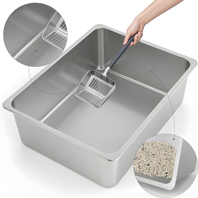 Kirecoo Stainless Steel Cat Litter Box, Small Metal High Sided Cat Pan Box, Indoor Litter Tray, Non Stick, No Smell, Easy to Clean, Pet Toilet Supplies for Cats
