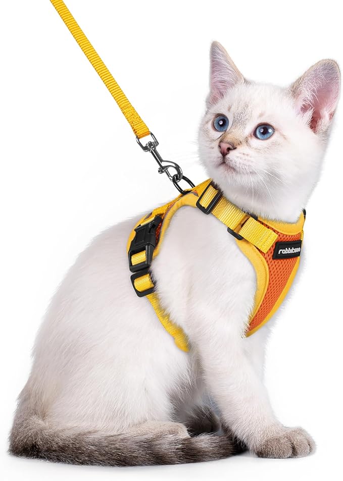 rabbitgoo Cat Harness and Leash Set, Escape Proof Soft Adjustable Vest Harnesses for Outdoor Walking, Easy Control Breathable Kitten Jacket with Reflective Strips, Orange & Yellow, XXS