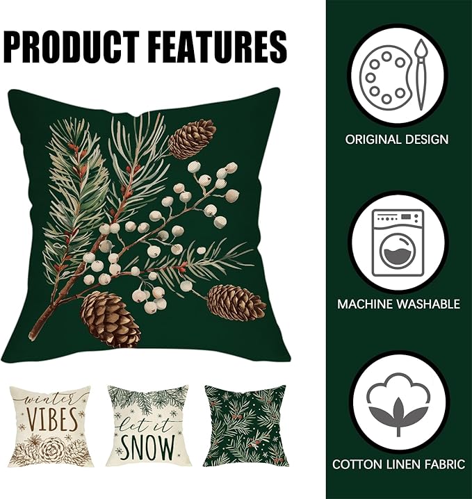 Fahrendom Winter Vibes Green Decorative Throw Pillow Covers 18 x 18 Set of 4, Let It Snow Pine Cones Needle Berry Porch Patio Outdoor Pillowcase, Christmas Seasonal Sofa Couch Cushion Case Home Decor