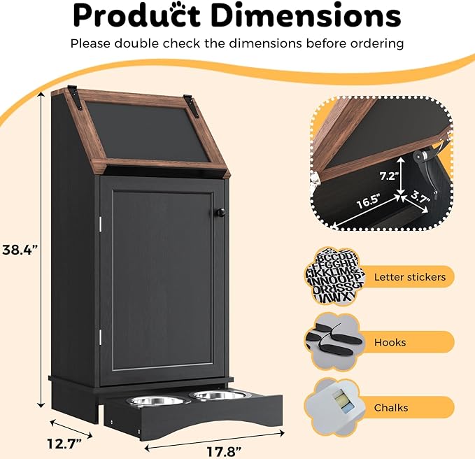 Dog Food Feeding Station with Storage, Pet Food Storage Cabinet with Bowls and Flip-Top Blackboard, Hidden Trash Can, Pet Organizer Cabinet for Dog and Cat, Black