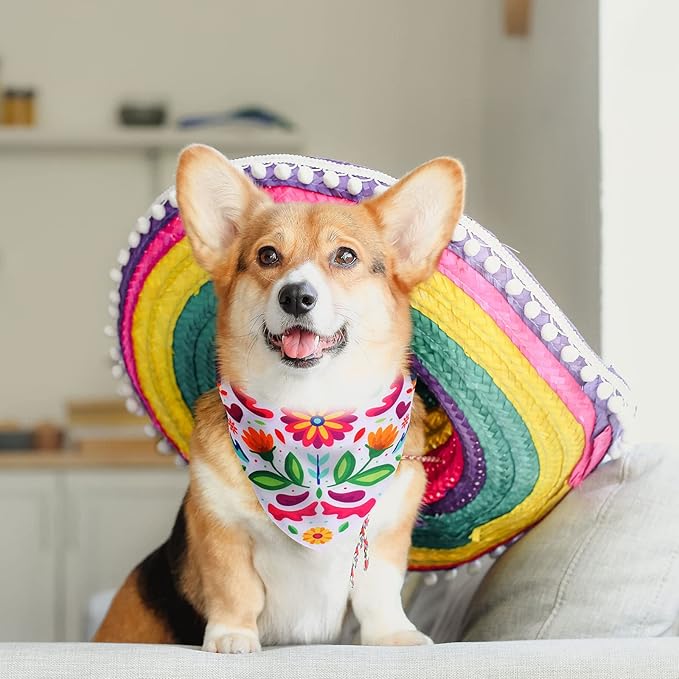 Whaline Mexican Dog Bandana Floral Dog Bandana Cinco De Mayo Fiesta Pet Scarf Double-Sided Adjustable White Black Flower Pet Neckerchief for Small Medium Large Cat Dog Carnival Accessories, 2 Pack