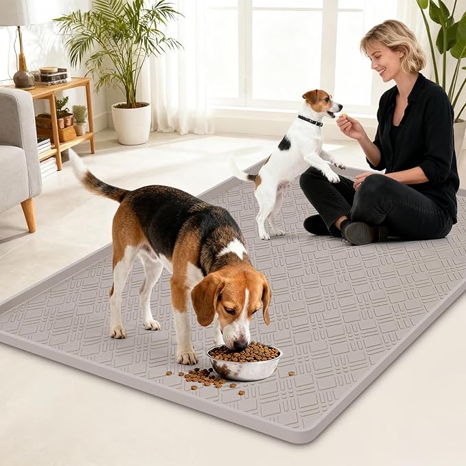 Lanstics Dog Food Mat, 42" x29" Large Silicone Mat Dog Feeding Mat with Raised Edge Non-Slip Pet Feeding Mat for Food and Water Bowl, Easy to Clean, Floor Protection (Beige)