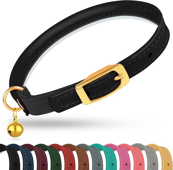 OOPSDOGGY Rolled Leather Cat Collar with Bell - Reflective Kitten Collar with Safety Elastic Strap - Adjustable Small Pet Collars for Boy Girl Cats (Black)